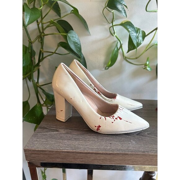 Forever White Block Heel Pumps – Size 6 (Cracked Paint Design) - Picture 1 of 12